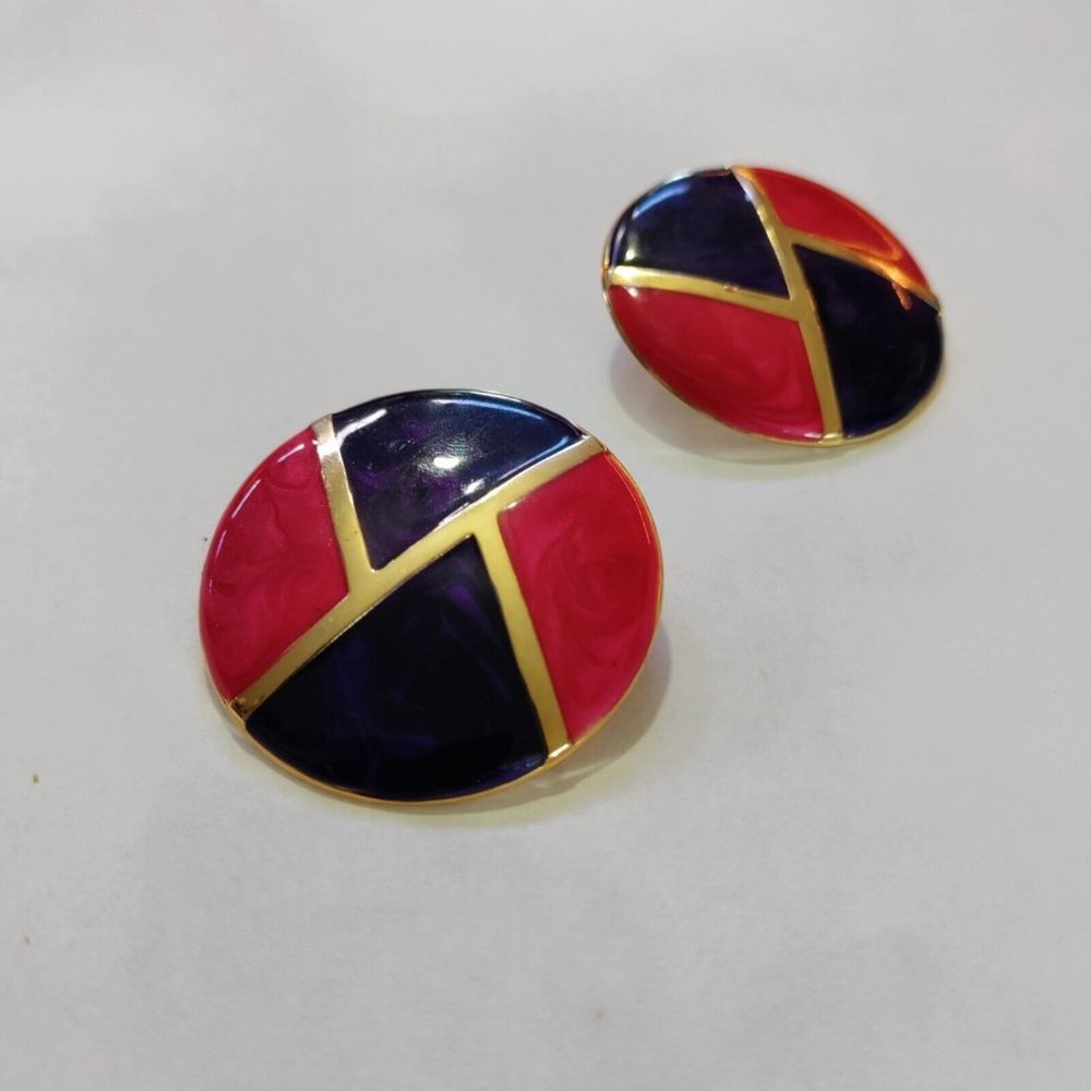 4/$20 Vintage Round Enamel Geometric Button Earrings Retro Chunky Purple Red
